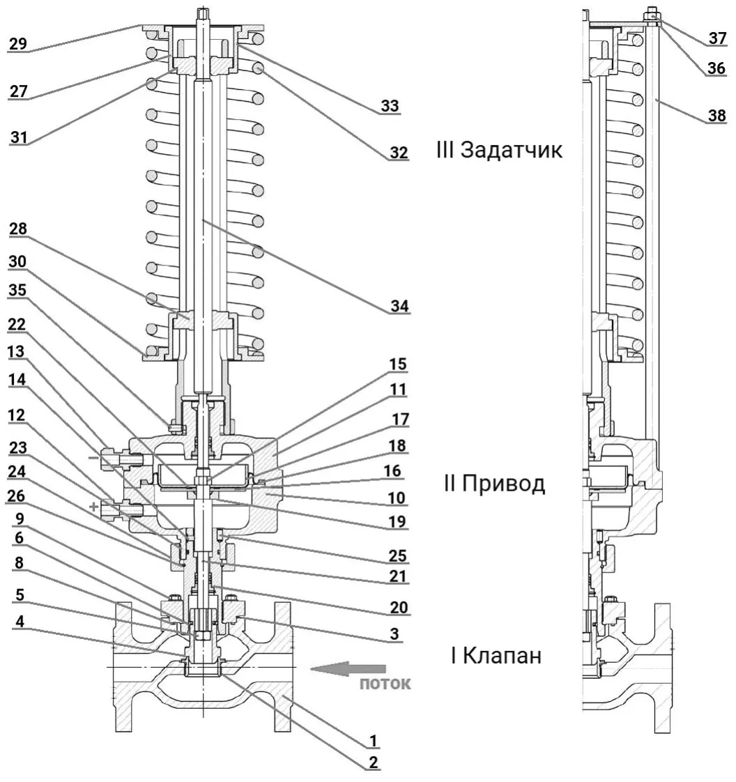 Регулятор давления до себя PRB1030N-F-DA Ду25 Ру16 Kvs6,3 прямого действия, серый чугун СЧ20, фланцевый, Tmax до 150°С, диапазон настройки 1 (0,4 - 1,6 кгс/см2)