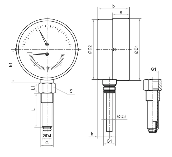 Термоманометр Росма ТМТБ-41Р.2 (0-150°C) (0-0,6MПa) G1/2 2,5, корпус 100мм, тип - ТМТБ-41Р.2, длина клапана 64мм, до 150°С, радиальное присоединение, 0-0,6MПa, резьба G1/2, класс точности 2.5