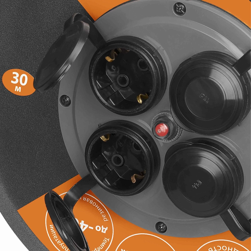 Удлинитель на катушке TDM КГ 3х2.5 мм2 длина - 30 м 3х2.5, розетки - 4 шт, ток - 16 А, IP44, с заземлением SQ1301-0170